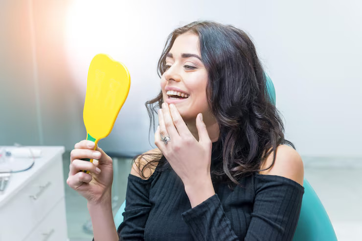 Woman checking her smile